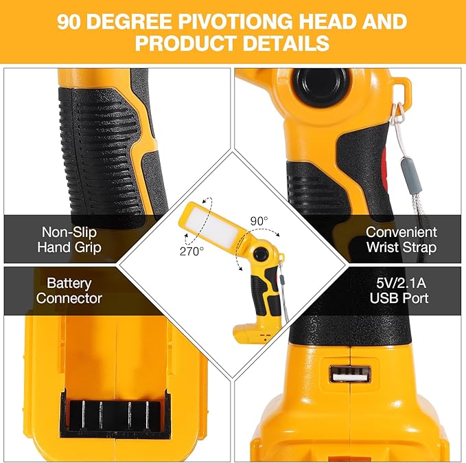 YEX-BUR for Dewalt 20v Led Work Light, 12W 1000LM Cordless Handheld Spotlight with USB Port LED Jobsite Light Desk Lamp Powered by Dewalt 20v Lithium Ion Batteries