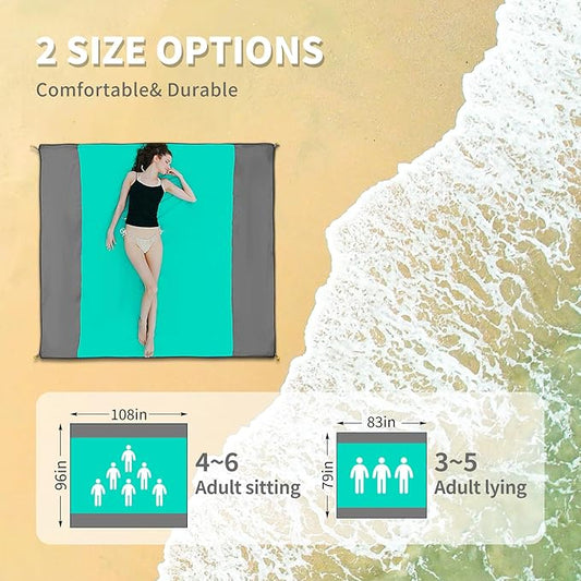 Beach Blanket, 108''*96''(274 * 243cm) Waterproof Sandproof Picnic Blankets for 4-6 Adults, Oversized Lightweight Beach Mat, Big & Compact Picnic Mat for Travel, Camping, Hiking, Beach