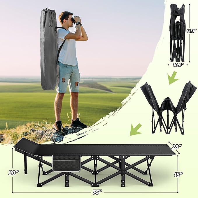 Suteck Camping Cot, Folding Camping Cot Bed for Adults Sleeping 1200D Double Layer Oxford Portable Folding Outdoor Cots for Camping W/Soft Pad Carry Bag for Home Office Nap Beach Travel