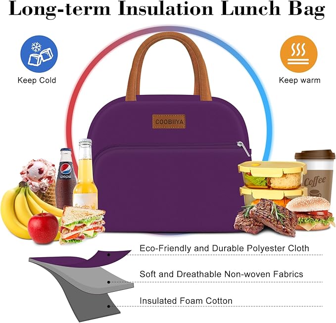 Coobiiya Lunch Bag Women, Lunch Box for Women Adult Men, Small Leakproof Cute Lunch Tote Large Capacity Reusable Insulated Cooler Lunch Container for Work/Office/Picnic/Travel-Purple