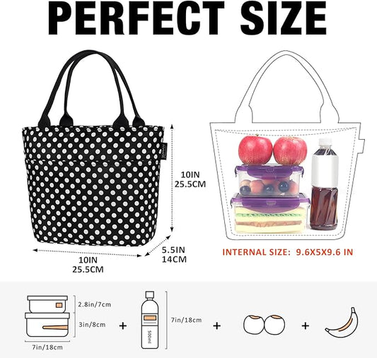 Aosbos Black Lunch Box for Women Lunch Bags for Adult Insulated Lunch Tote Bag Meal Prep Lunch Box Purse Lunchbox Portable Cooler Bag Bento Box Bag Loncheras Para Mujer, Polka Dot