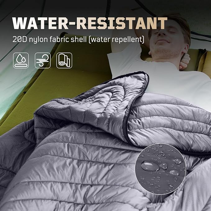 3M Thinsulate Insulation Camping Blanket, Packable, Lightweight Camp Quilt with Footbox, Zippered, Outdoor Sleeping Blanket for Backpacking, Travel, Stadium, Beach