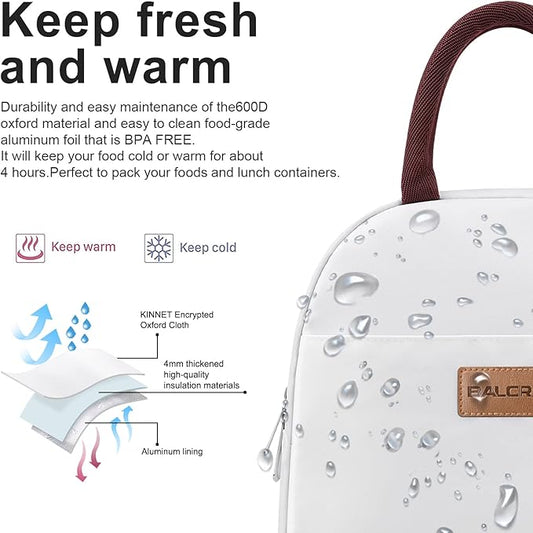BALORAY Lunch Bag for Women Men Insulated Lunch Box for Adult Reusable Lunch Tote Bag for Work, Picnic or Travel (White)