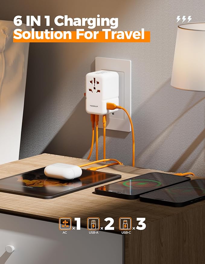 Universal Travel Adapter 85W GaN, TESSAN International Power Adapter with 5 USB(3 USB C) Charging Ports, Worldwide Outlet for US to European EU UK AUS Ireland(Type C/G/A/I)