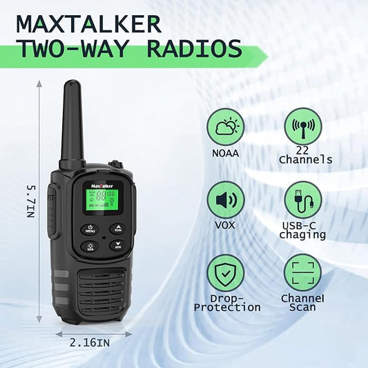 Walkie Talkies Long Range for Adult, MT10 Rechargeable Walkie Talkies FRS Two Way Radio, NOAA, 1200mAh Li-ion Battery USB-C Cable, LED Flashlight, VOX Walkie Talkie for Hiking Camping 2Pack