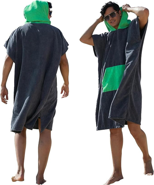 Rainleaf Surf Poncho Changing Towel Quick Dry Pool Swim Beach Towel with Hood and Front Pocket Warm and Soft Microfiber RobeTowel for Women and Men Gray Green Pocket