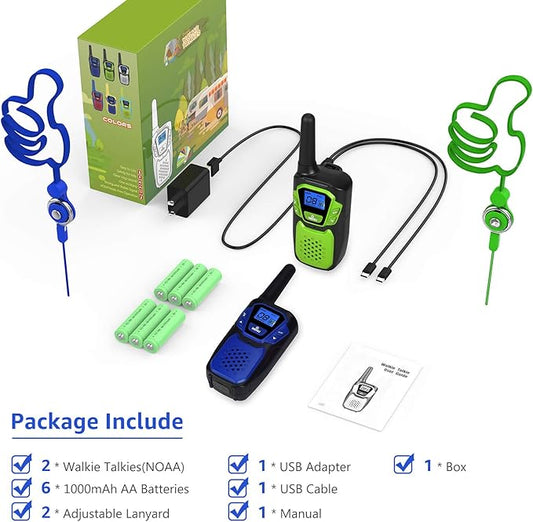 Walkie Talkies for Adult, Rechargeable Long Range Walky Talky Handheld Two Way Radio with NOAA Weather Channel, 6x1000MAH AA Batteries and USB Charger Included (Blue and Green 2 Pack)
