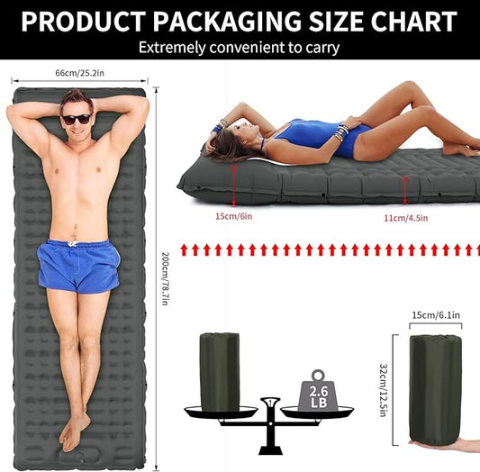 Inflating Sleeping Pad for Camping.4.5 in Thick Sleeping Mat .Compact Waterproof Camping Air Mattress with Pillow.Foot Pressure Inflatable Camping Pads for Backpacking & Hiking. (Grey), Gery