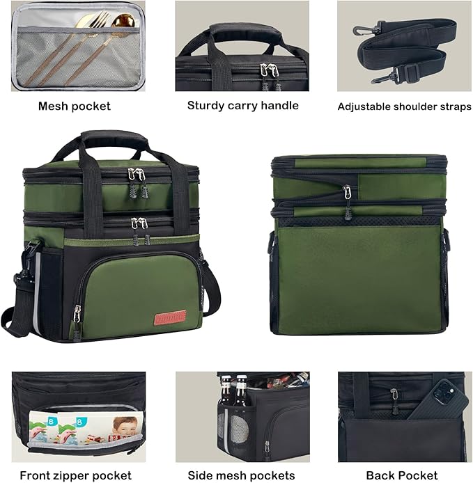 Lunch Box For Men/Women,Large Double-layer Insulated Expandable Reusable Leakproof Cooler Bags For Adults,Lunch Bag With Adjustable Shoulder Strap For Office Travel Picnic(Green)