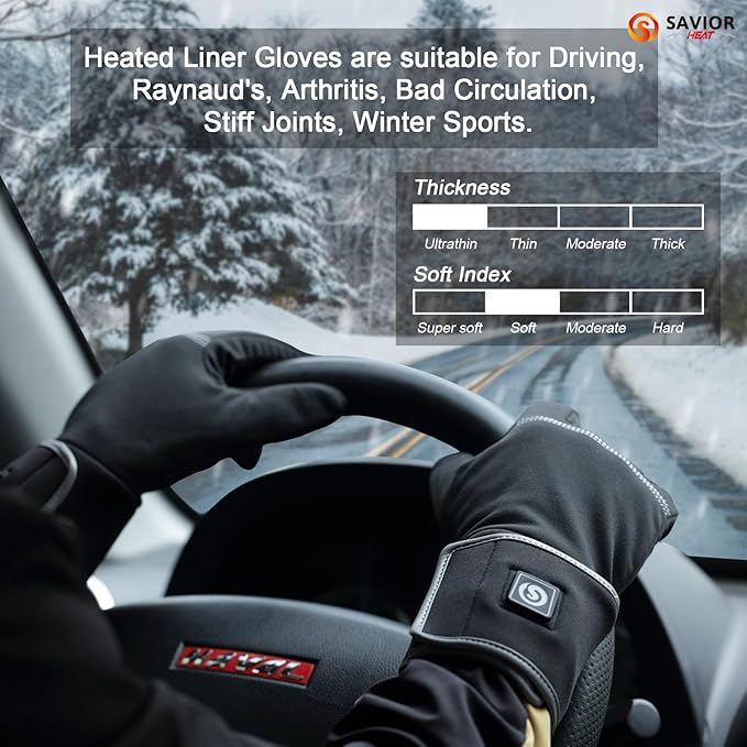 SAVIOR HEAT Heated Liners Gloves for Men Women, Electric Rechargeable Battery Thermal Thin Gloves for Winter Skiing Typing Driving Riding Cycling Hiking