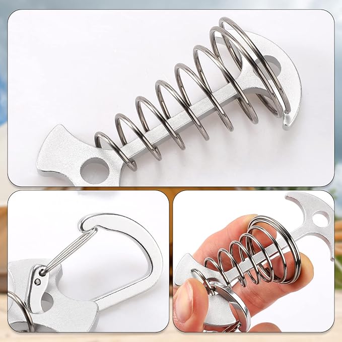 TOBWOLF 10PC Silver Deck Tie Down Anchors Fishbone Tent Pegs with Carabiners, Aluminum Tent Stakes Wind Rope Anchors Spring Deck Anchor Pegs Windproof Tent Rope Tightener Camping Outdoor Accessories
