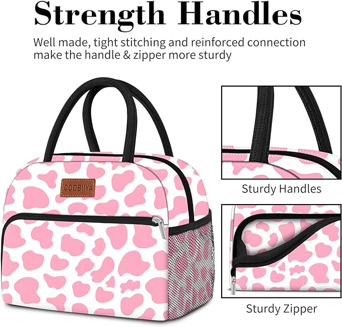 Coobiiya Lunch Bag Women, Lunch Box for Women Adult Men, Small Leak-proof Cute Lunch Tote Large Capacity Reusable Insulated Cooler Lunch Container for Work/Office/Picnic/Travel-Pink Cow