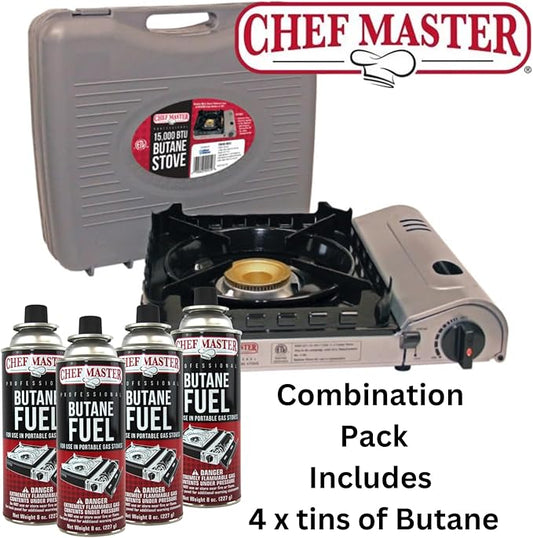 Chef Master 15,000 BTU Portable Butane Camping Stove COMBO with 4 x 8oz. Butane Fuel Canister, Double Wind-Guard Portable Stove Burner for Emergency, Road Trip, Backpacking & Camping Essential - 90019