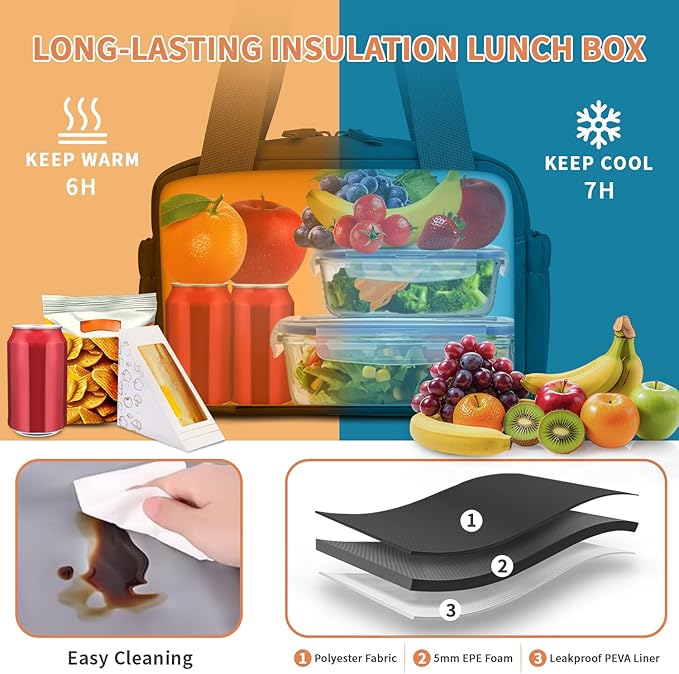 ZOMFELT Insulated Lunch Bag Women Men, Cute Lunch Box for Women Men, Leakproof Large Capacity Lunch Tote Bags with Adjustable Shoulder Strap for Work Office Outdoor Picnic Camping, Black