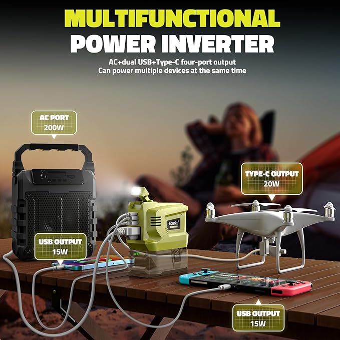 200W Portable Power Inverter for Ryobi 18V,Ecarke Outdoor Generato Battery Converter with 2 USB&LED&AC Battery Powered Outlet,Convert DC 18V/20V to AC 110V-120V Portable Power Station(Tool Only)