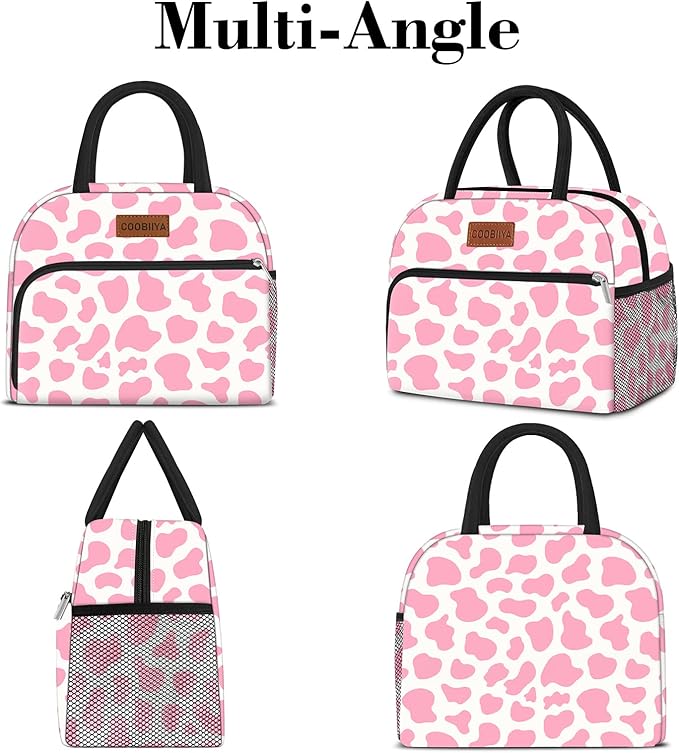 Coobiiya Lunch Bag Women, Lunch Box for Women Adult Men, Small Leak-proof Cute Lunch Tote Large Capacity Reusable Insulated Cooler Lunch Container for Work/Office/Picnic/Travel-Pink Cow