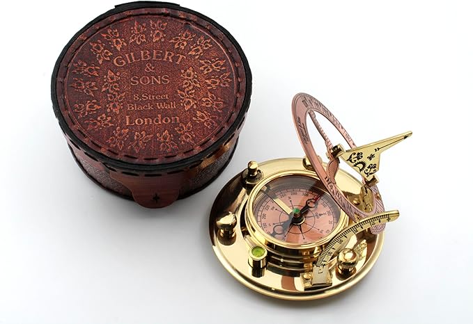 Brass Sundial Compass in Leather Case – Unique Nautical Gifts for Men, Antique Sailing Anniversary Gadget, Maritime Pocket Watch Clock, Nautical Decor for Him