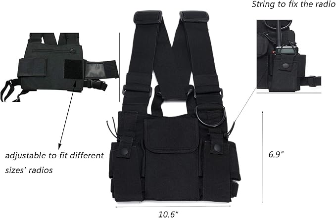 Radio Chest Harness Rig Holster Pack with Front Pouches and Zipper Bag for Universal Walkie Talkies