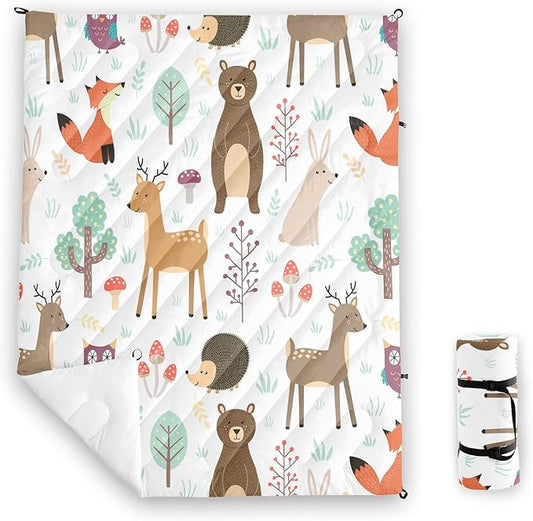 Axolotl Wild Animal Theme Printed Camping Blanket,Deer Bear Fox Waterproof Blanket,Mushroom Botanical Packable Outdoor Blanket,Woodland Hedgehog Owl Backpacking Quilt for Camping,Hiking,Stadium,Picnic