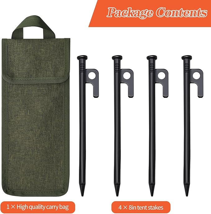 4 Pack Tent Stakes, 8in Tent Stakes Heavy Duty with Storage Bag, Forged Steel Tent Pegs for Camping Unbreakable and Inflexible(4pcs 8in Stakes)