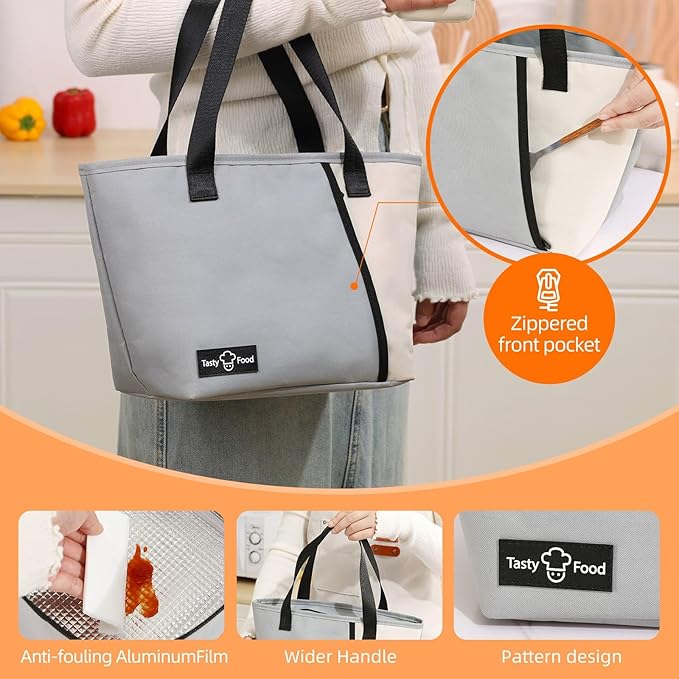 Lunch Bag for Women Men, Reusable Lunch Tote Lunch Box, Large Capacity Leakproof Lunch Tote Bags with Front Pocket for Work Office Picnic or Travel (Light Gray)