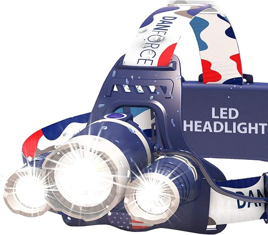 DanForce Headlamp. USB Rechargeable LED Head Lamp. Ultra Bright CREE 1080 Lumen Head Flashlight + Red Light. HeadLamps for Adults, Camping, Outdoors & Hard Hat Work. Zoomable IPX54 Headlight