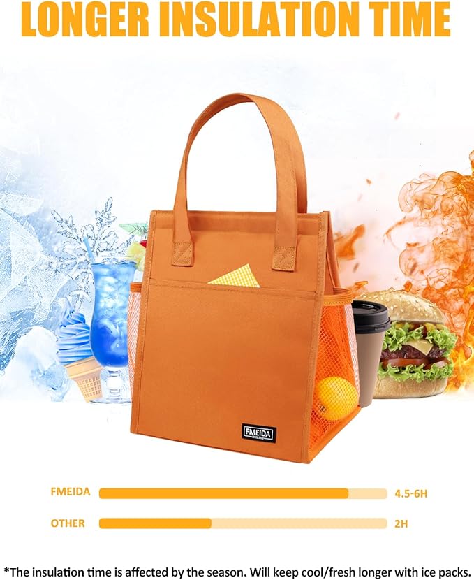 Fmeida Insulated Lunch Bag for Women Cooler Lunch Bag Thermal Adult Lunch Totes Reusable Lunch Boxes for Office College Beach Travel | Medium Orange Front&Side&Interior Pocket