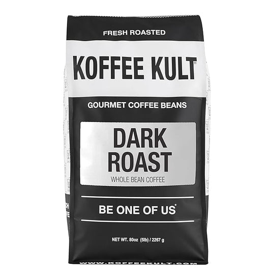 Koffee Kult Dark Roast Whole Bean Coffee 100% Arabica Coffee Beans Gourmet Artisan Blend with Chocolate & Cinnamon Notes 80oz Resealable Bag