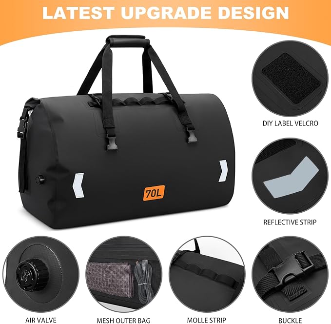 Motorcycle Dry Bag, Waterproof Duffel Bag & Roll-top Dry Duffel Bag, Motorcycle Luggage Travel Bag with Air Valve & Quick-adjust Straps For Riding,Travel, Black, 70L