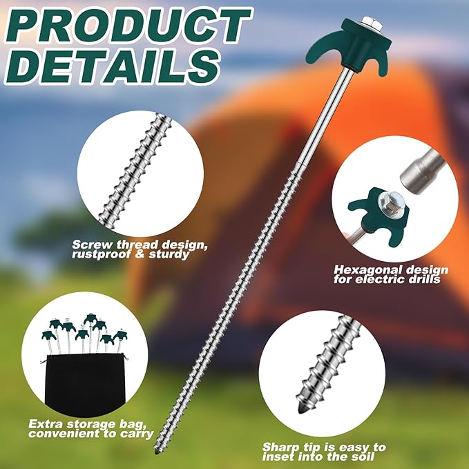 JaGely 20 Pcs 12 Inch Tent Stakes Heavy Duty Ground Anchors Metal Threaded Tent Spikes Non Rust Camping Stake Tent Pegs Screw with Hex Head Driver for Camping Yard Decor Outdoor (Blackish Green)