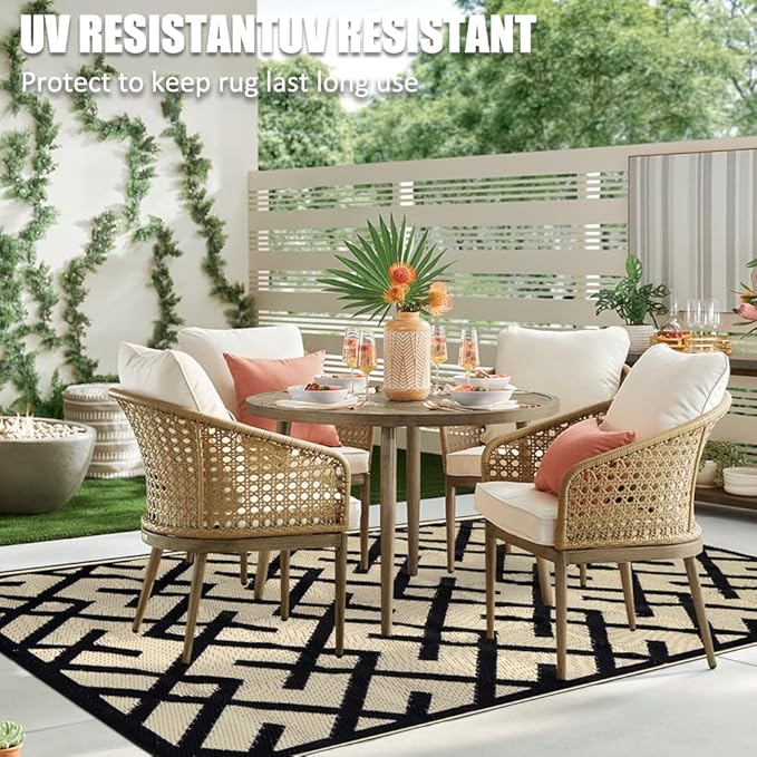 LILIOFFIC Reversible Mats - 5' x 8' Plastic Straw Rug, Outdoor Rug for Patio Clearance Decor, Modern Area Rugs, Floor Mat for Outdoors, RV, Backyard, Deck, Picnic, Beach, Camping, Black & Beige