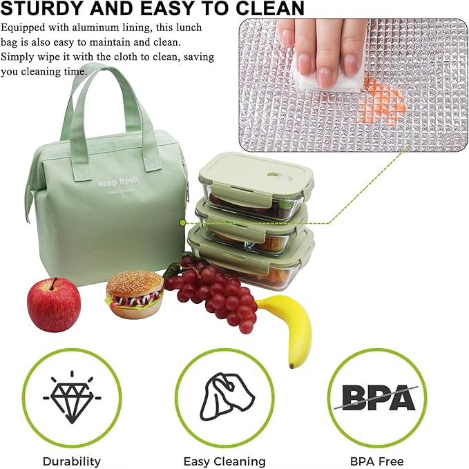 Mziart Insulated Lunch Bag Simple Bento Cooler Bag Lunch Tote Bag for Lunch Box for Women Men Adult Picnic Working Hiking Beach (Light Green)