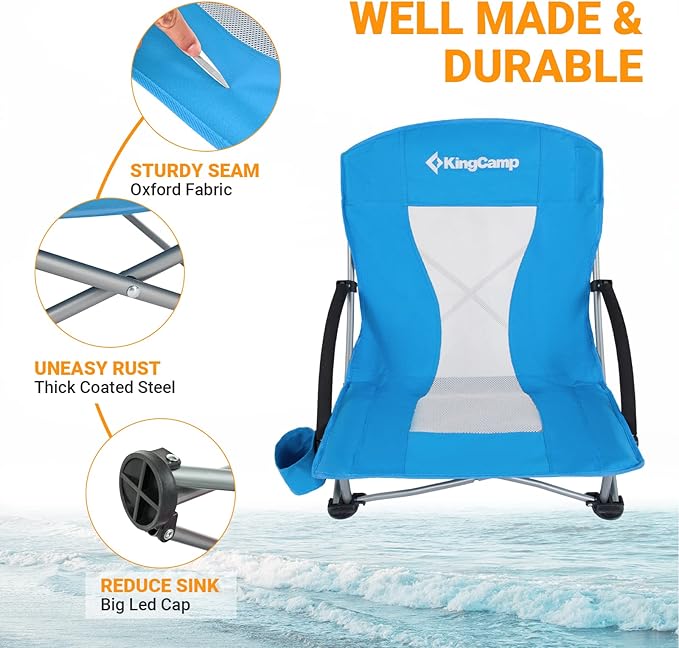 KingCamp Low Beach Chairs, Portable Folding Chair for Adults Extra Wide Ergonomic High Back Seat 300lbs Heavy Duty Lightweight Oversized Gear with Carry Bag for Outdoor Lawn Camping Picnic