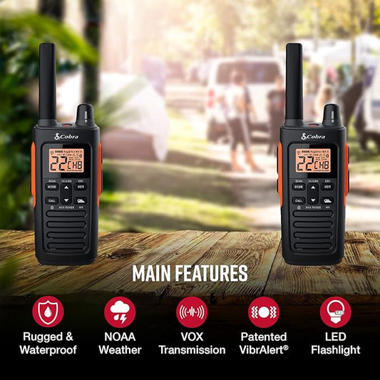 Cobra RX680 Waterproof Walkie Talkies for Adults & Compatible Cobra GA-SV01 2P Surveillance Headset Microphone: Rechargeable, 60 Preset Channels, 38-Mile Range, Two-Way Radio Set, 2-Pack, Black/Orange