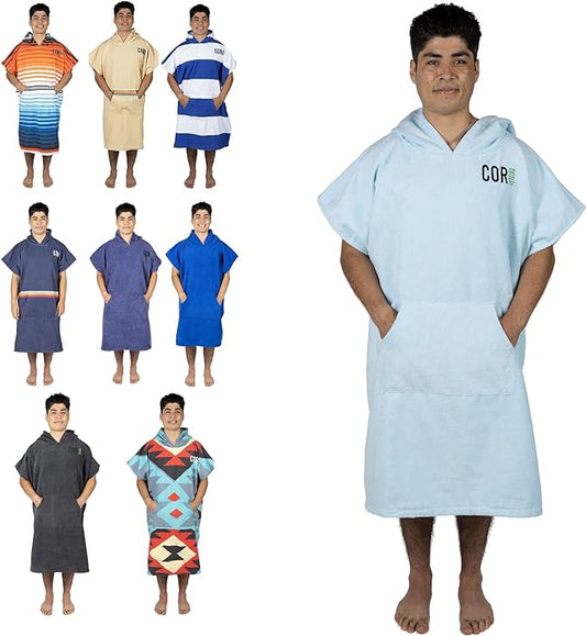 COR Surf Poncho Changing Towel Robe with Hood and Front Pocket | Thick Quick Dry Microfiber Wetsuit Poncho Towel for Surfing Beach Pool Swim (Large, Light Blue)