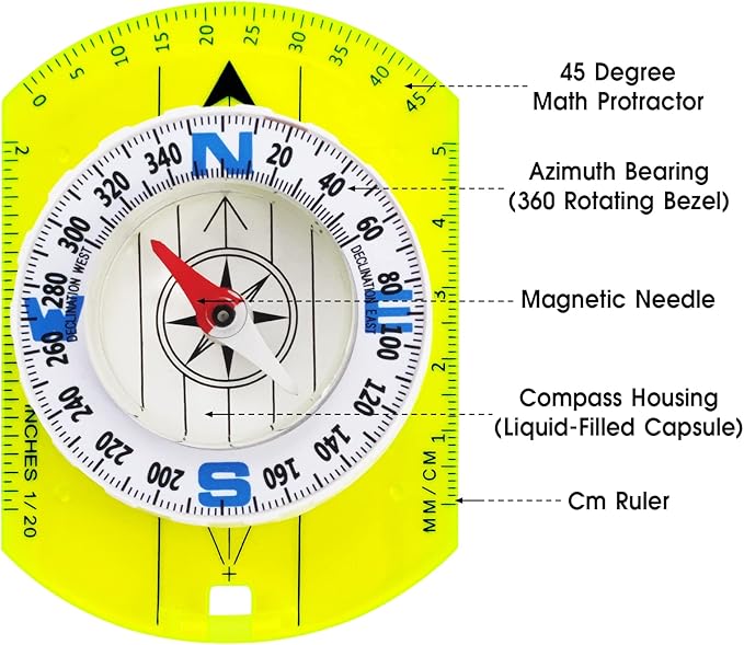 Posinly Advanced Orienteering Compass - Survival Whistle, Map Reading Field Compass for Camping, Hiking & Navigation, Great for Kids