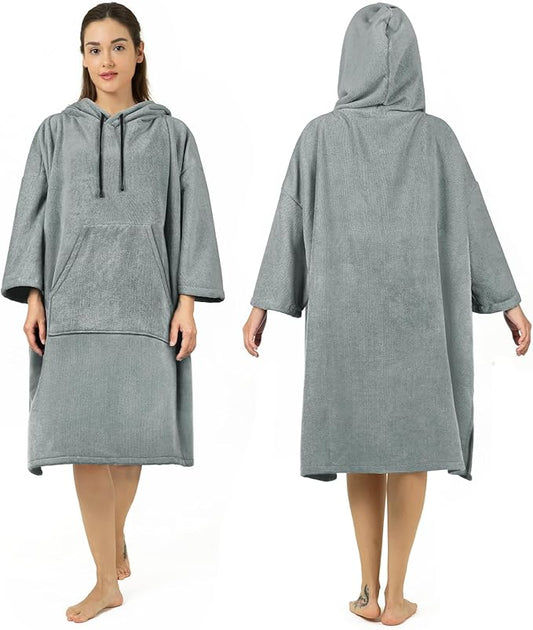 Surf Poncho Changing Robe, 3/4 Sleeve Extra Large Thick Hoodie Towel Poncho for Men Women Beach Swimming, 39"x33", Gray