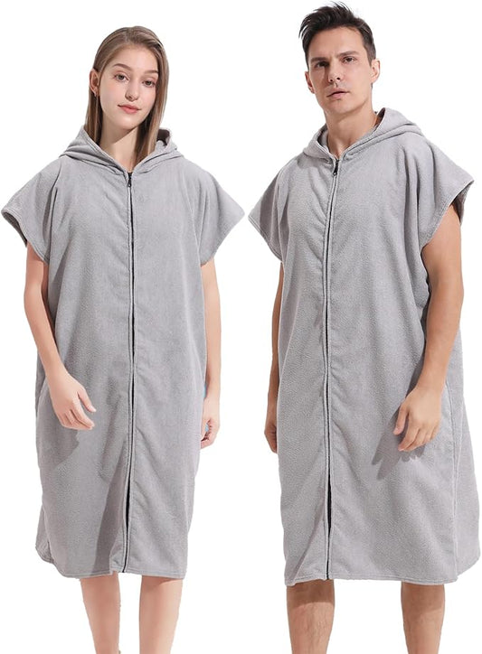 Surf Poncho Hooded Changing Towel Swim Robe with Zipper Plus Size Terry Cloth Swim Cover Up for Adults Men Women Towel Poncho Hoodie surfing accessories(Black) (Grey)