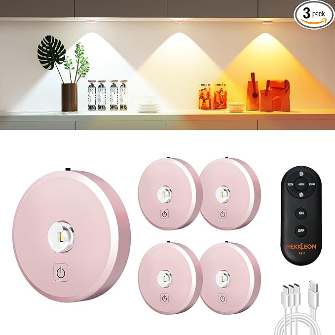 Puck Lights with Remote Control,2000mAh Rechargeable Under Counter Lighting,3 Color Temperatures Dimmable Under Cabinet,Closet Light,3Pack Tap Light for Hallway (Rose Gold, 5 Pcs)