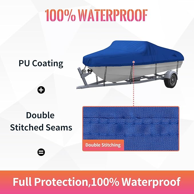 NEXCOVER Trailerable Boat Cover, Length: 14’-16’ Beam Width: up to 90”, Waterproof Heavy Duty Cover, Fits V-Hull, TRI-Hull, Runabout, Pro-Style, Bass Boat, Storage Bag & Tightening Straps Included.