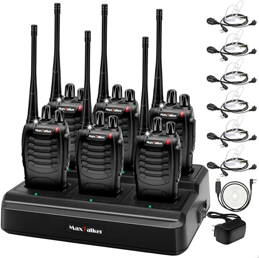 Walkie Talkies Rechargeable Two-Way Radios: MaxTalker Walkie Talkie Earpiece with Mic, Portable UHF Radio with 6 Way Multi Unit Charger, 6 Pack Long Range Walkie Talkies for Adults Team Management