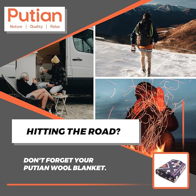 PuTian Merino Wool Blanket - 87" x 63" Thick Warm Soft Large Bed Throw - Great for Camping, Outdoors, Travel, Car, Couch, All Seasons, Grey Chcek