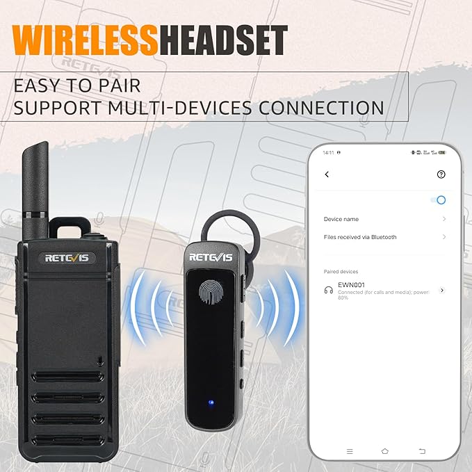 Retevis RB39P Bluetooth Walkie Talkies, Wireless Two Way Radios with Earpiece, FRS, Ultra-Slim, Mini Size, Type-C, VOX, for Camping, Hiking, Biking(2 Pack)