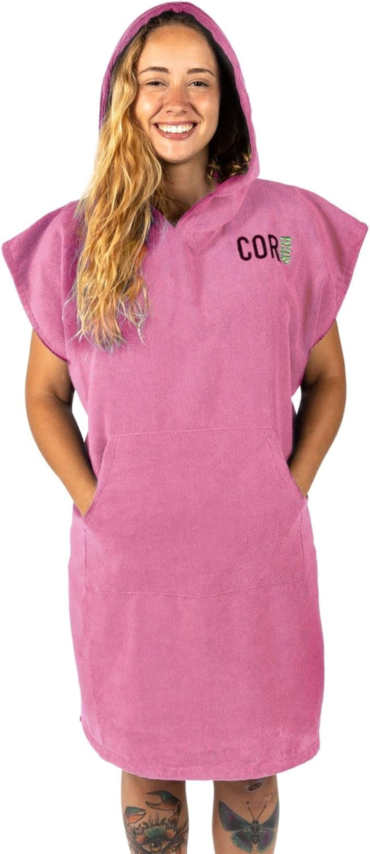 COR Surf Poncho Changing Towel Robe with Hood and Front Pocket | Thick Quick Dry Microfiber Wetsuit Poncho Towel for Surfing Beach Pool Swim (Medium - Pink)