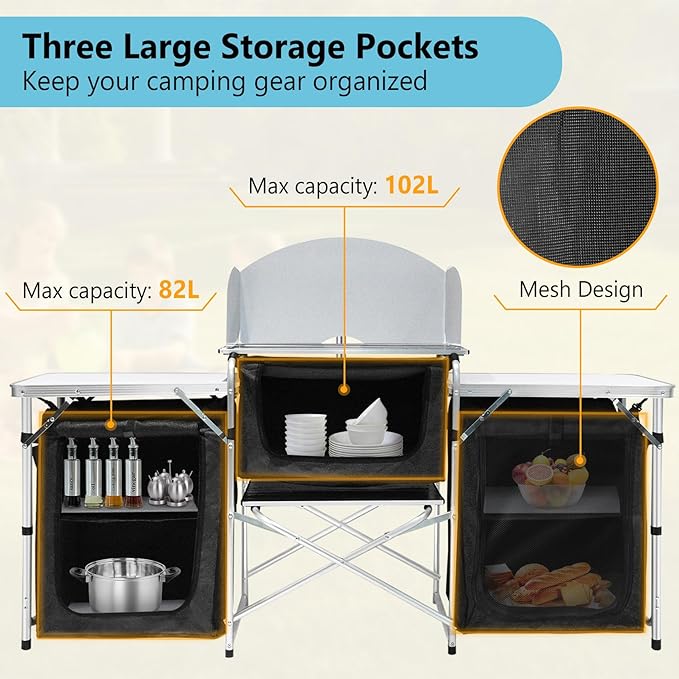 Seeutek Camping Kitchen Table Aluminum Portable Outdoor Cooking Table Foldable Camp Table with Windscreen and 3 Storage Cupboards Multifunctional for BBQ, Party & Outdoor Activities