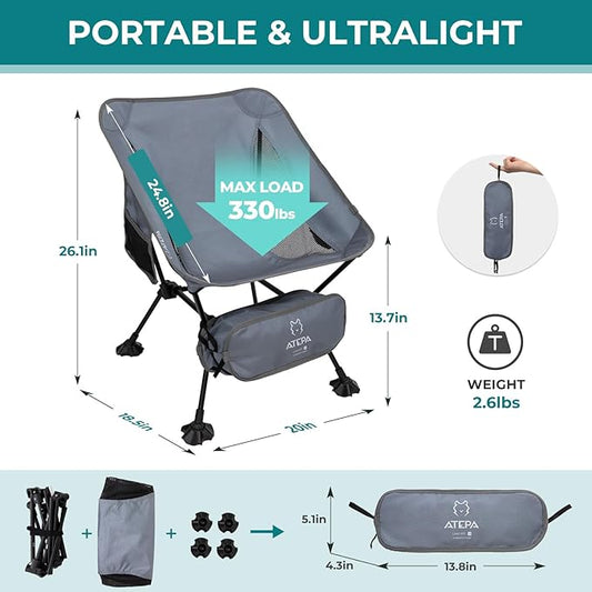 ATEPA Backpacking Chair, Ultralight Folding Portable Small Camping Chairs for Adults Compact Foldable Beach Seat with Anti-Sinking Feet & Aluminum Frame for Outdoor Hiking Travel Fishing