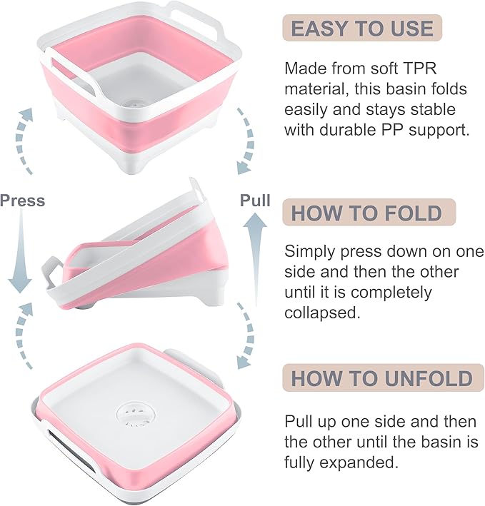 2.4 Gal(9L) Collapsible Dish Basin with Drain Plug, Space Saving Outdoor Multiuse Foldable Sink Tub, Dishpan, Kitchen Storage Tray for Camping, Vegetable Washing, RV (Pink)