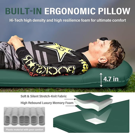 Self Inflating Sleeping Pad for Camping - 3.1" Thick Foam Sleeping Pad with Inflatable Bag, Lightweight Inflatable Camping Mattress Pad for Car Camping Backpacking Hiking Camping Mat(Green)