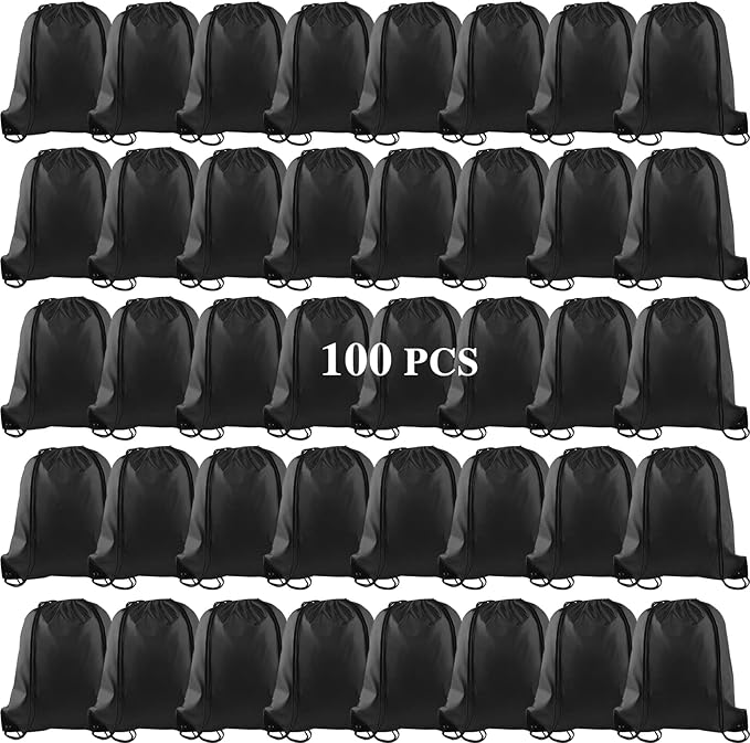 KUUQA 100Pcs Black Drawstring Backpack Bag Sack Drawstring Bags Bulk String Bags Storage Bags for Sport Gym Traveling