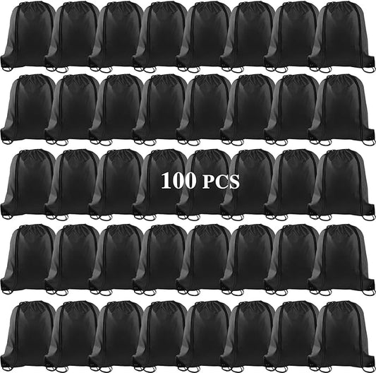 KUUQA 100Pcs Black Drawstring Backpack Bag Sack Drawstring Bags Bulk String Bags Storage Bags for Sport Gym Traveling